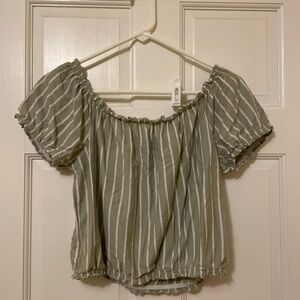 American Eagle: Green and White Off Shoulder Top